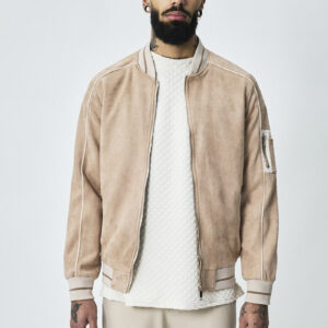 Bomberjack van imitatiesuède met biezen op de mouwen