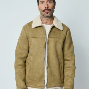 Suède jack met rits en open kraag met schapenvachtafwerking