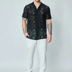 Kort mouwen bloemenkanten shirt met reverskraag