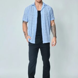 Effen kanten overhemd met korte mouwen en reverskraag