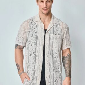 Effen kanten overhemd met korte mouwen en reverskraag