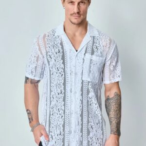 Effen kanten overhemd met korte mouwen en reverskraag