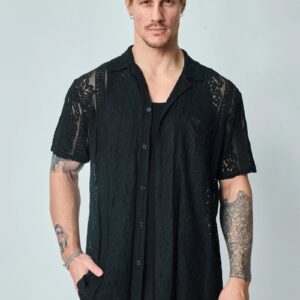 Effen kanten overhemd met korte mouwen en reverskraag